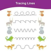 Tracing Lines Game Animals Edition. Educational worksheet. Worksheet activity for preschool kids. Preschool Education. Vector illustration.