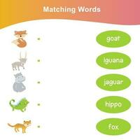 Read and match worksheet game. English alphabet with cartoon animals set. Matching words with images using funny animals sets for kids. Vector illustration.