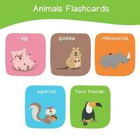 Printable alphabet animal flashcards collection for learning english. Educational game for kindergarten and preschool kids. Cute cartoon characters. Vector illustrations.