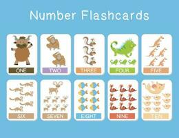 Cute number flashcards with animals set. English counting 1 to ten. Vector illustration.