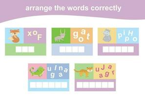 Arrange the words correctly. Worksheet for preschool. Writing practice. Vector file.