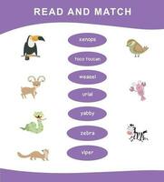 Read and match worksheet game. English alphabet with cartoon animals set. Matching words with images using funny animals sets for kids. Vector illustration.