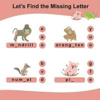 Word game sheet. Complete the words. Find missing letter. Printable worksheet for children. Vector illustration.