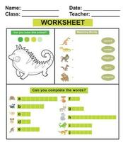 Children worksheet with animal theme. Educational activity sheet for preschool kids. Coloring, matching and write animal names. Vector illustration.