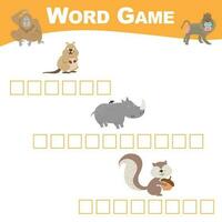 Word game sheet. Complete the words. Animals Theme Names Worksheet. Educational activity for preschool kids. Vector illustration.