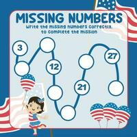 Missing numbers. Write the answer correctly. Educational printable math worksheet. Count and write activity. Counting practice. Vector file.