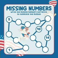 Missing numbers. Write the answer correctly. Educational printable math worksheet. Count and write activity. Counting practice. Vector file.