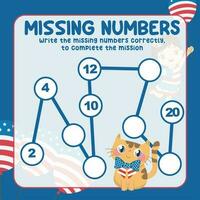 Missing numbers. Write the answer correctly. Educational printable math worksheet. Count and write activity. Counting practice. Vector file.