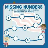 Missing numbers. Write the answer correctly. Educational printable math worksheet. Count and write activity. Counting practice. Vector file.