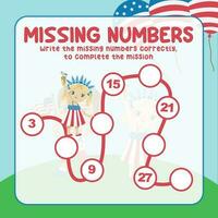 Missing numbers. Write the answer correctly. Educational printable math worksheet. Count and write activity. Counting practice. Vector file.