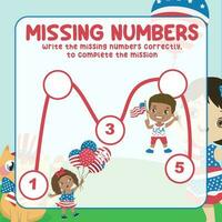 Missing numbers. Write the answer correctly. Educational printable math worksheet. Count and write activity. Counting practice. Vector file.