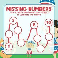 Missing numbers. Write the answer correctly. Educational printable math worksheet. Count and write activity. Counting practice. Vector file.