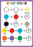 Mixing color worksheet. Learning about color. Educational sheet for preschool. Vector illustration.