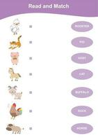 Matching words worksheet. Farm animal theme worksheet. Matching words with images using funny farm animals for kids. Vector illustration.