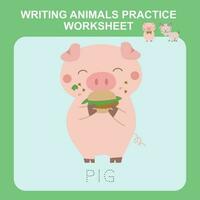 Illustration of writing animal practice worksheet. Educational printable worksheet. Exercises lettering game for kids. Vector illustration.