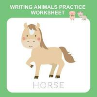 Illustration of writing animal practice worksheet. Educational printable worksheet. Exercises lettering game for kids. Vector illustration.