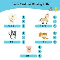 Find the missing letter worksheet. Worksheet for preschool. Writing practice. Vector illustration.
