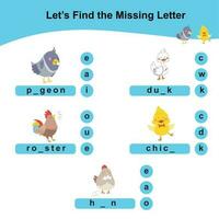 Find the missing letter worksheet. Worksheet for preschool. Writing practice. Vector illustration.