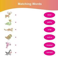 Read and match worksheet game. English alphabet with cartoon animals set. Matching words with images using funny animals sets for kids. Vector illustration.