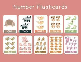 Cute number flashcards with animals set. English counting 1 to ten. Vector illustration.