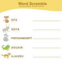 Animals Spelling Word Scramble. Spelling words worksheet. Educational activity for preschool kids. Vector illustration.