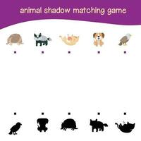 Find the correct shadow. Matching animal shadow game for children. Worksheet for kid. Educational printable worksheet. Vector illustration.