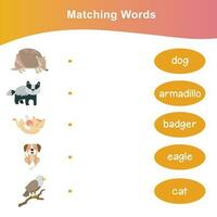 Read and match worksheet game. English alphabet with cartoon animals set. Matching words with images using funny animals sets for kids. Vector illustration.