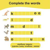 Complete the words worksheet. Animals Theme Names Worksheet. Educational activity for preschool kids. Vector illustration.