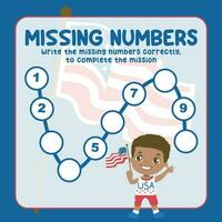 Missing numbers. Write the answer correctly. Educational printable math worksheet. Count and write activity. Counting practice. Vector file.