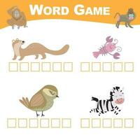 palabra juego hoja. completar el palabras. animales tema nombres hoja de cálculo. educativo actividad para preescolar niños. vector ilustración.