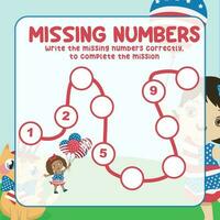 Missing numbers. Write the answer correctly. Educational printable math worksheet. Count and write activity. Counting practice. Vector file.