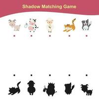 Find the correct shadow. Kids educational game. Farm animals theme. Vector illustration.