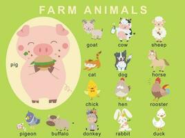 Farm animals with cute cartoon style. Colourful poster. Vector illustration.