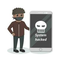 hacker africano con grande teléfono inteligente diseño personaje en blanco antecedentes vector