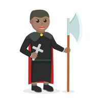 black monk african holding big  axe and cross design character on white background vector