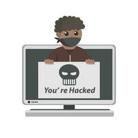 hacker africano cortar a tajos advertencia popular arriba diseño personaje en blanco antecedentes vector