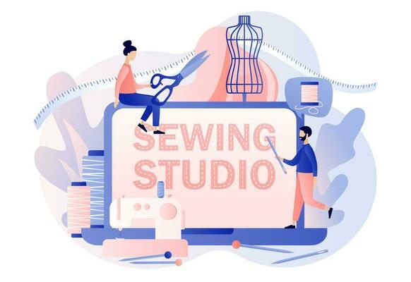 Sewing studio web site. Tiny people tailors create outfit and apparel in workshop or atelier. Big laptop, sewing machine, mannequin, tools and materials. Modern flat cartoon style. Vector illustration