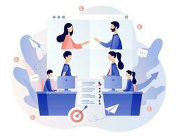 Online conference concept. Tiny people speak in video conference. Online meeting. Social distancing and self-isolation during coronavirus quarantine. Modern flat cartoon style. Vector illustration