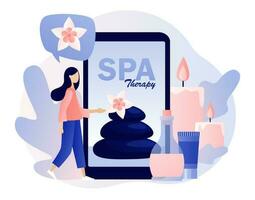 Spa therapy app. Tiny girl with big smartphone. Beauty procedure and body care. Accessories for relaxing atmosphere, candles, aroma oils, hot stones. Modern flat cartoon style. Vector illustration