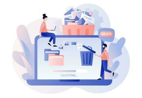 Delete concept. Tiny people deleting data on laptop and move unnecessary files to the trash bin. Cleaning digital memory. Modern flat cartoon style. Vector illustration on white background