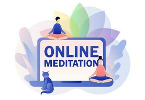 Online meditation concept. Tiny people sitting in lotus pose. Yoga online, relax, recreation, healthy lifestyle. Modern flat cartoon style. Vector illustration on white background