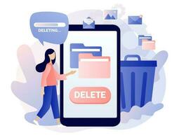 Delete concept. Tiny woman deleting data on smartphone. Move unnecessary files to the trash bin. Cleaning digital memory. Modern flat cartoon style. Vector illustration on white background