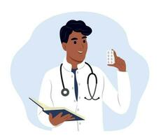 médico negro con medicamento. un médico escribe un prescripción. vector