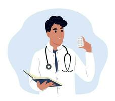 médico con medicamento. un médico escribe un prescripción. vector