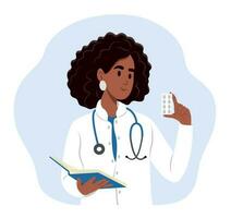 médico negro mujer con medicamento. un hembra médico escribe un prescripción. vector