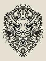 Illustration oni mask with engraving ornament vector