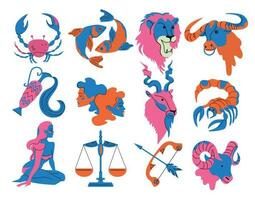 Astrological signs of the zodiac on a white background. Aries, Taurus, Leo, Gemini, Virgo, Scorpio, Libra, Aquarius, Sagittarius, Pisces, Capricorn, Cancer. Zodiac constellations. Vector illustration.