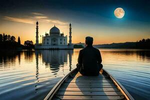 Man sitting on rowing boat and watching the sunset over the Taj Mahal AI Generate photo
