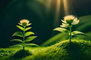Small green plant growing on moss with sunlight and bokeh background AI Generate photo