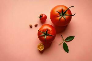 Tomatoes on a pink background. The concept of healthy eating AI Generate photo